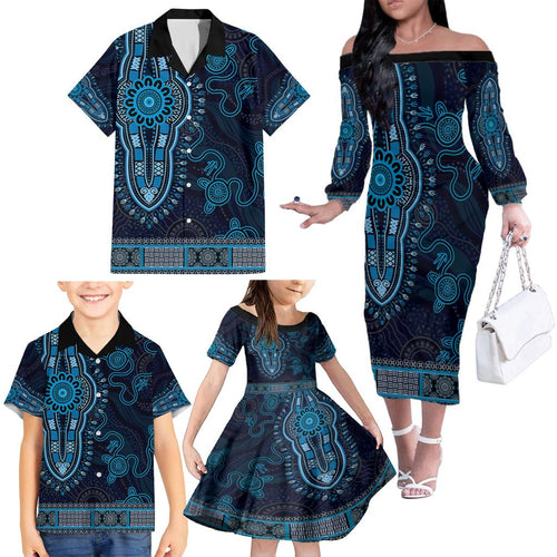 Blue African Dashiki With Australia Aboriginal Art Family Matching Off The Shoulder Long Sleeve Dress and Hawaiian Shirt