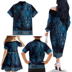 Blue African Dashiki With Australia Aboriginal Art Family Matching Off The Shoulder Long Sleeve Dress and Hawaiian Shirt