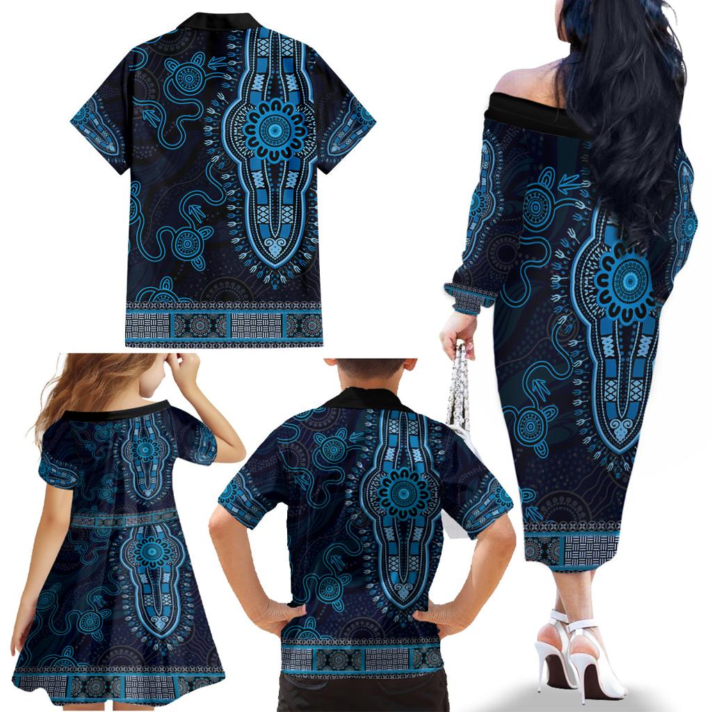 Blue African Dashiki With Australia Aboriginal Art Family Matching Off The Shoulder Long Sleeve Dress and Hawaiian Shirt