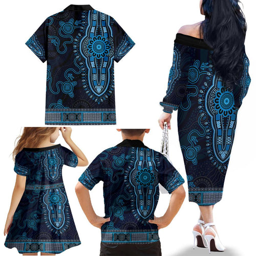 Blue African Dashiki With Australia Aboriginal Art Family Matching Off The Shoulder Long Sleeve Dress and Hawaiian Shirt