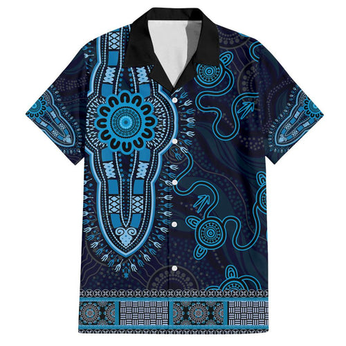 Blue African Dashiki With Australia Aboriginal Art Family Matching Off The Shoulder Long Sleeve Dress and Hawaiian Shirt