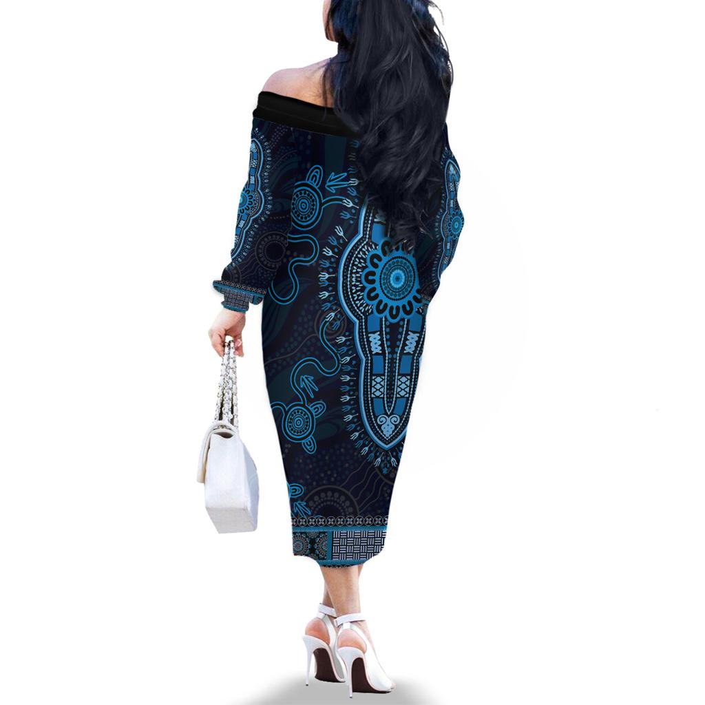 Blue African Dashiki With Australia Aboriginal Art Family Matching Off The Shoulder Long Sleeve Dress and Hawaiian Shirt