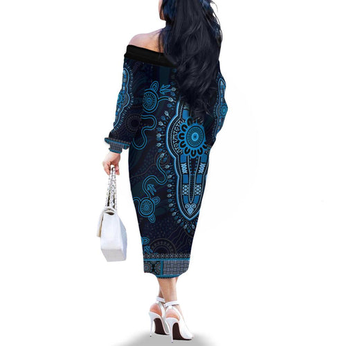 Blue African Dashiki With Australia Aboriginal Art Family Matching Off The Shoulder Long Sleeve Dress and Hawaiian Shirt