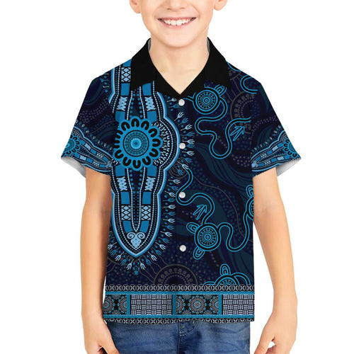 Blue African Dashiki With Australia Aboriginal Art Family Matching Off The Shoulder Long Sleeve Dress and Hawaiian Shirt