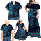 Blue African Dashiki With Australia Aboriginal Art Family Matching Off Shoulder Maxi Dress and Hawaiian Shirt