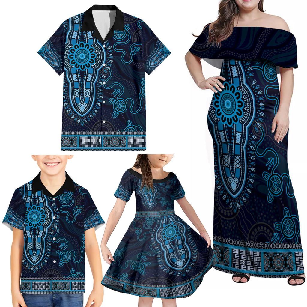 Blue African Dashiki With Australia Aboriginal Art Family Matching Off Shoulder Maxi Dress and Hawaiian Shirt