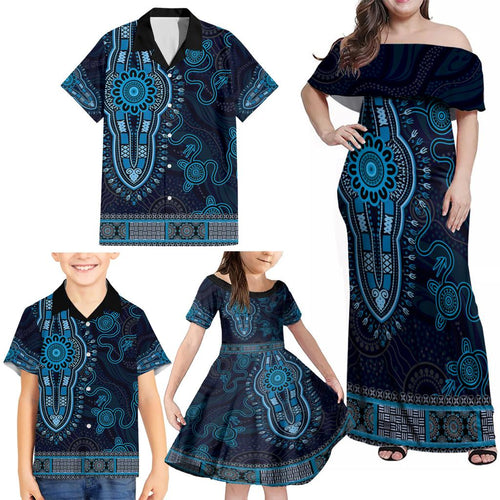 Blue African Dashiki With Australia Aboriginal Art Family Matching Off Shoulder Maxi Dress and Hawaiian Shirt