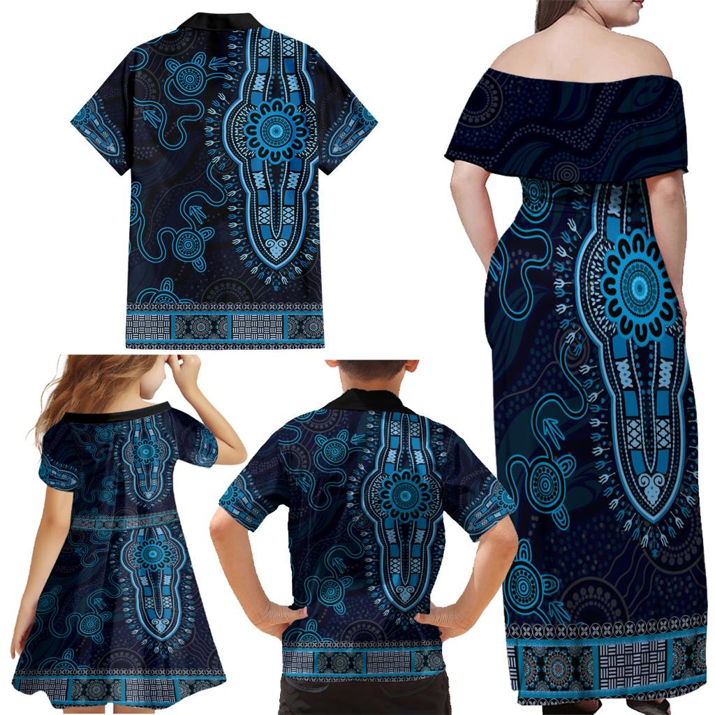 Blue African Dashiki With Australia Aboriginal Art Family Matching Off Shoulder Maxi Dress and Hawaiian Shirt