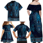 Blue African Dashiki With Australia Aboriginal Art Family Matching Off Shoulder Maxi Dress and Hawaiian Shirt