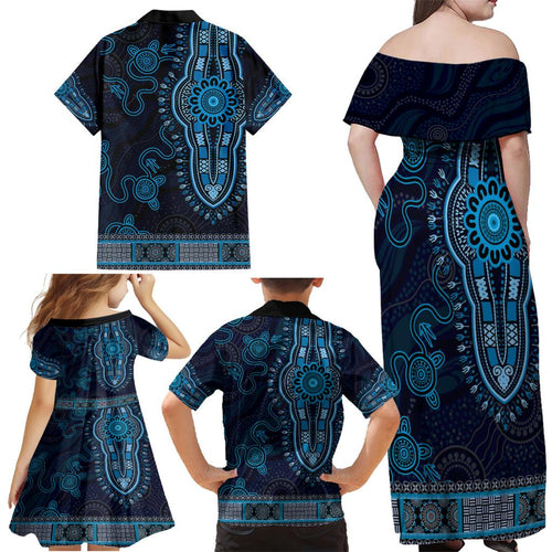 Blue African Dashiki With Australia Aboriginal Art Family Matching Off Shoulder Maxi Dress and Hawaiian Shirt
