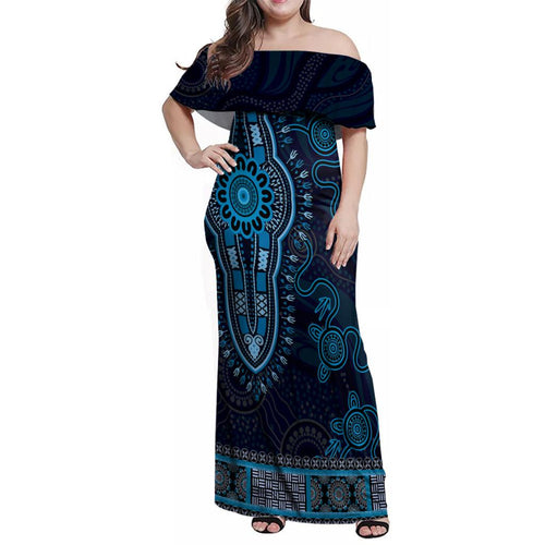 Blue African Dashiki With Australia Aboriginal Art Family Matching Off Shoulder Maxi Dress and Hawaiian Shirt