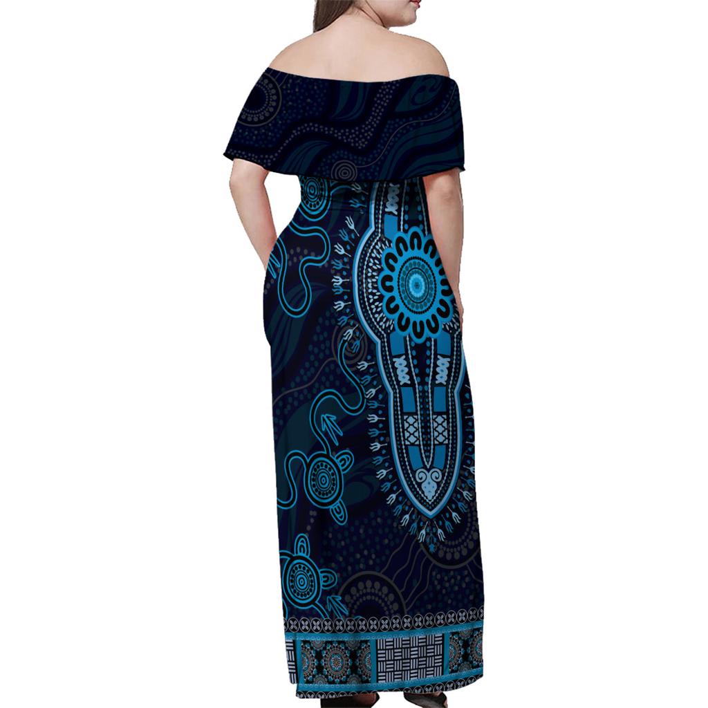 Blue African Dashiki With Australia Aboriginal Art Family Matching Off Shoulder Maxi Dress and Hawaiian Shirt