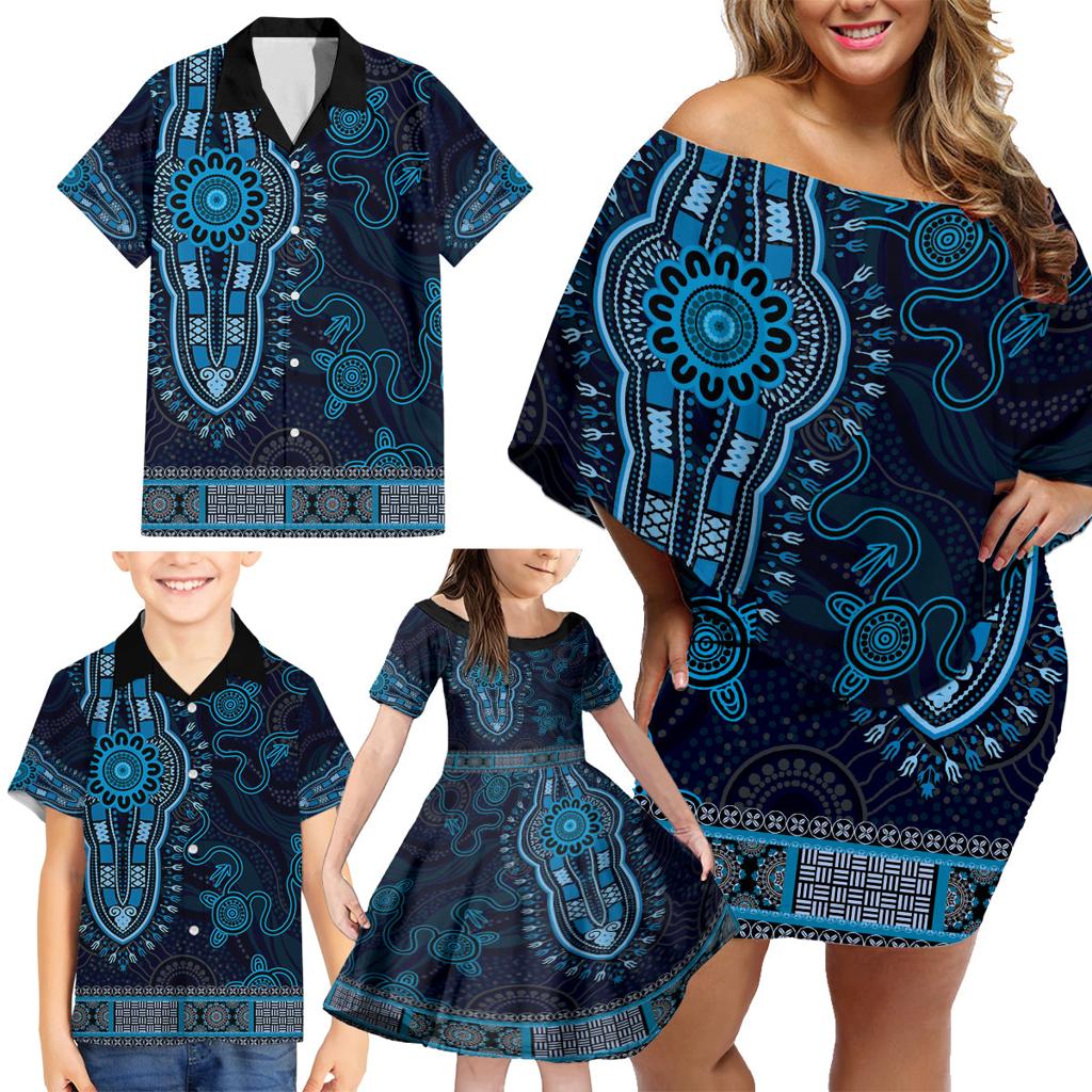 Blue African Dashiki With Australia Aboriginal Art Family Matching Off Shoulder Short Dress and Hawaiian Shirt