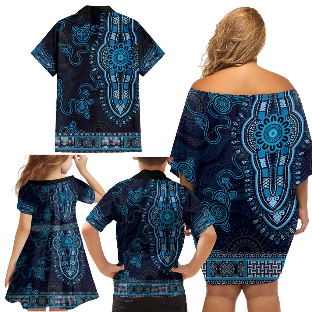 Blue African Dashiki With Australia Aboriginal Art Family Matching Off Shoulder Short Dress and Hawaiian Shirt