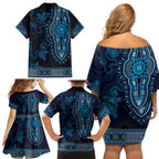 Blue African Dashiki With Australia Aboriginal Art Family Matching Off Shoulder Short Dress and Hawaiian Shirt