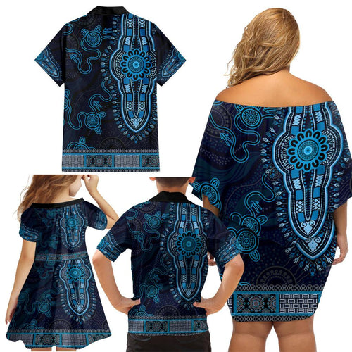 Blue African Dashiki With Australia Aboriginal Art Family Matching Off Shoulder Short Dress and Hawaiian Shirt