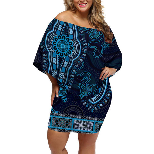 Blue African Dashiki With Australia Aboriginal Art Family Matching Off Shoulder Short Dress and Hawaiian Shirt