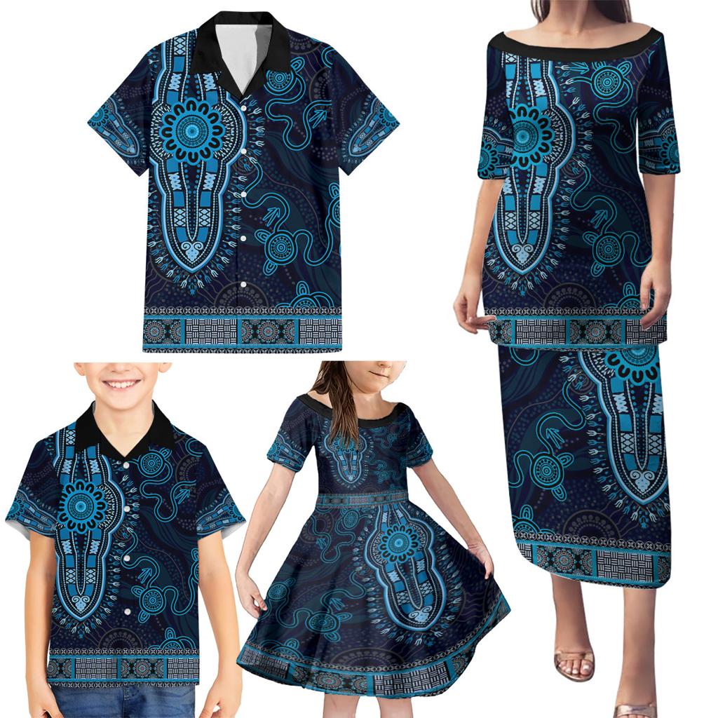 Blue African Dashiki With Australia Aboriginal Art Family Matching Puletasi and Hawaiian Shirt