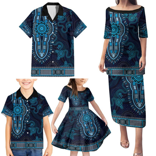 Blue African Dashiki With Australia Aboriginal Art Family Matching Puletasi and Hawaiian Shirt