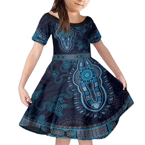 Blue African Dashiki With Australia Aboriginal Art Family Matching Puletasi and Hawaiian Shirt