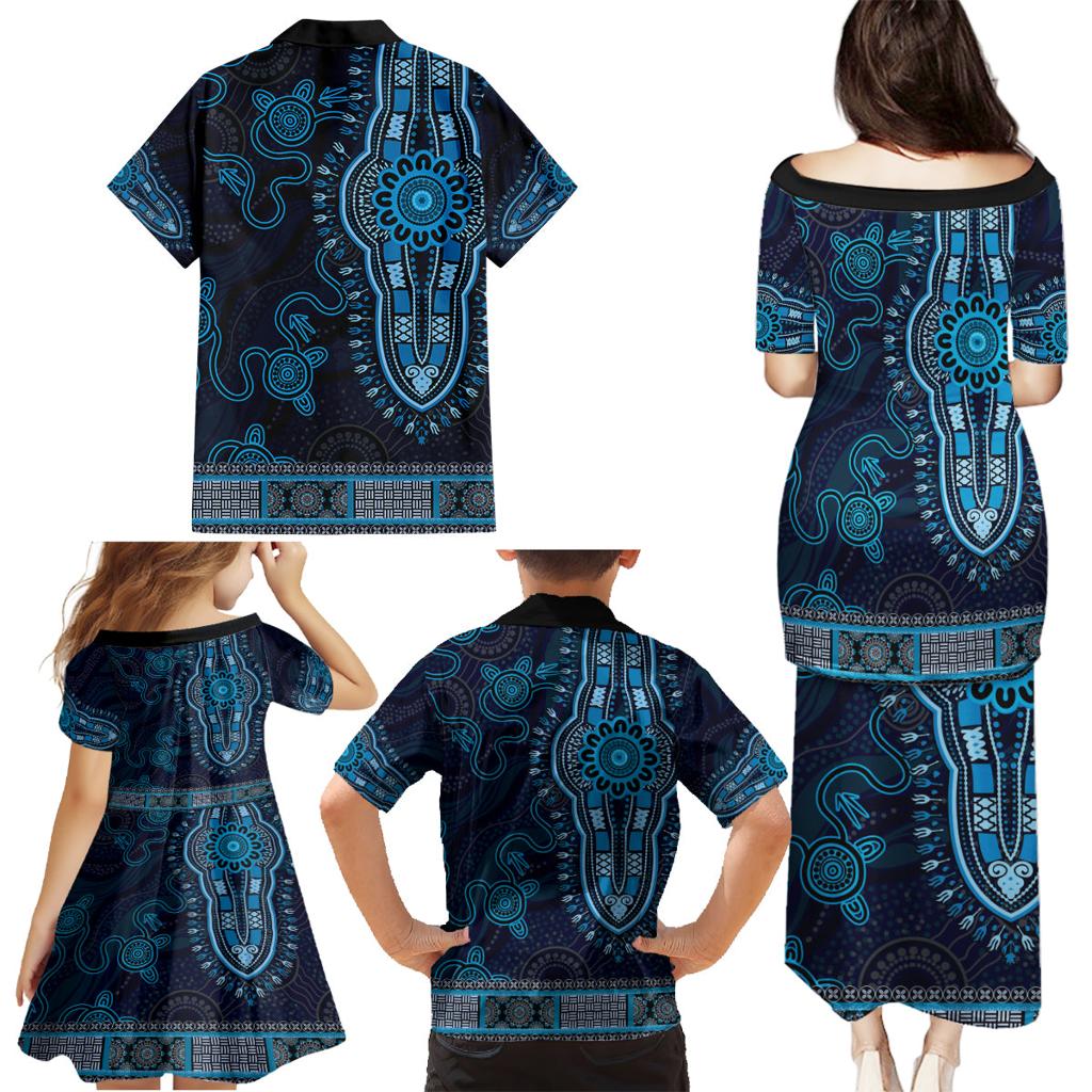 Blue African Dashiki With Australia Aboriginal Art Family Matching Puletasi and Hawaiian Shirt