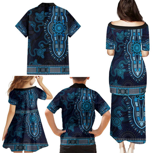 Blue African Dashiki With Australia Aboriginal Art Family Matching Puletasi and Hawaiian Shirt