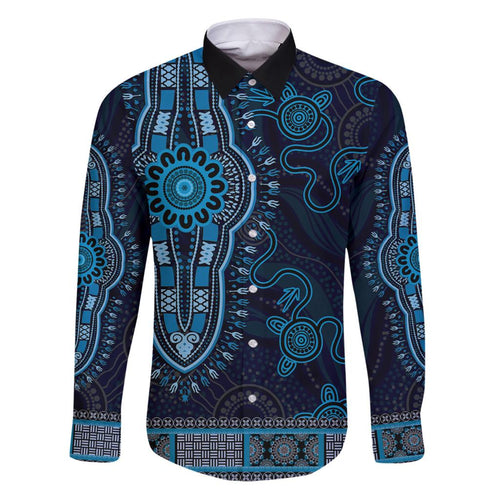 Blue African Dashiki With Australia Aboriginal Art Family Matching Puletasi and Hawaiian Shirt
