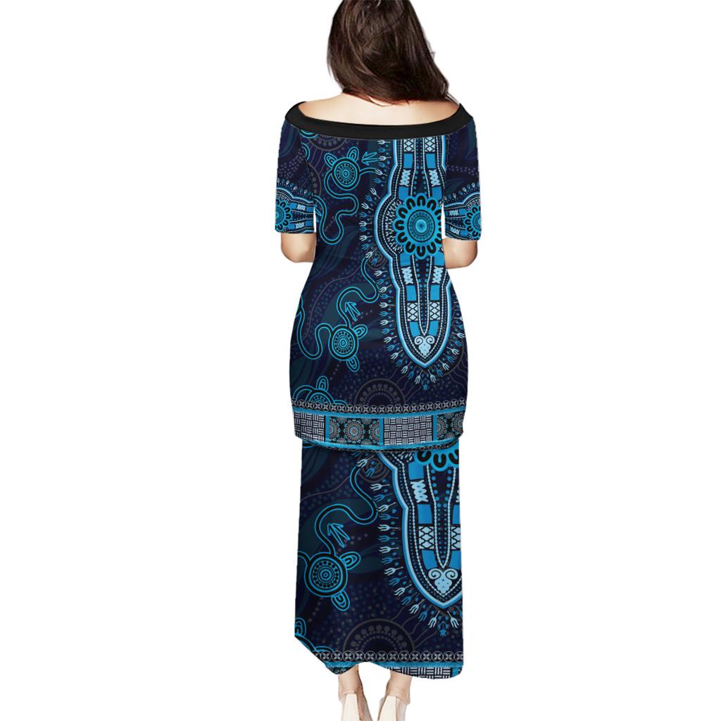 Blue African Dashiki With Australia Aboriginal Art Family Matching Puletasi and Hawaiian Shirt