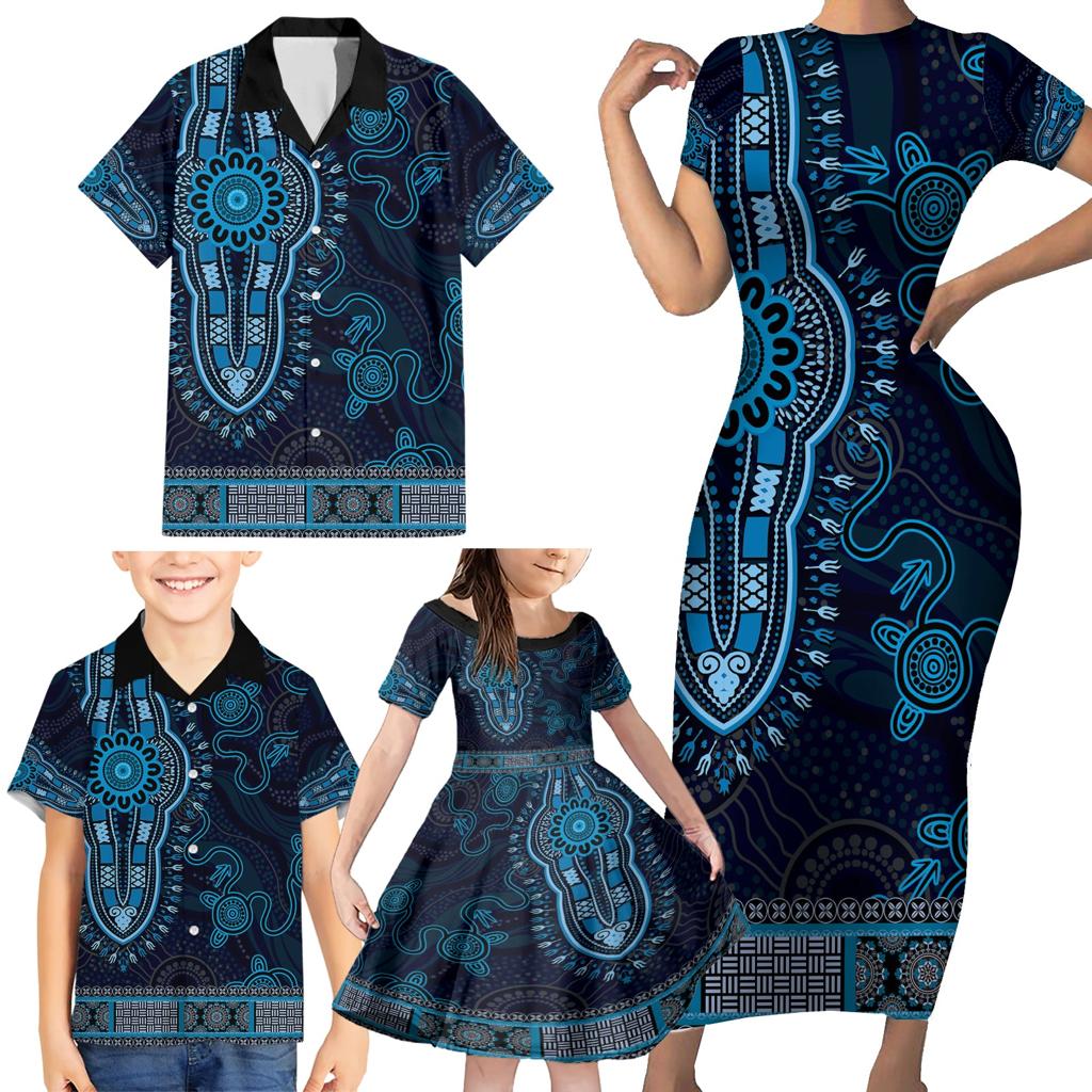 Blue African Dashiki With Australia Aboriginal Art Family Matching Short Sleeve Bodycon Dress and Hawaiian Shirt