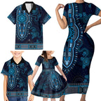 Blue African Dashiki With Australia Aboriginal Art Family Matching Short Sleeve Bodycon Dress and Hawaiian Shirt
