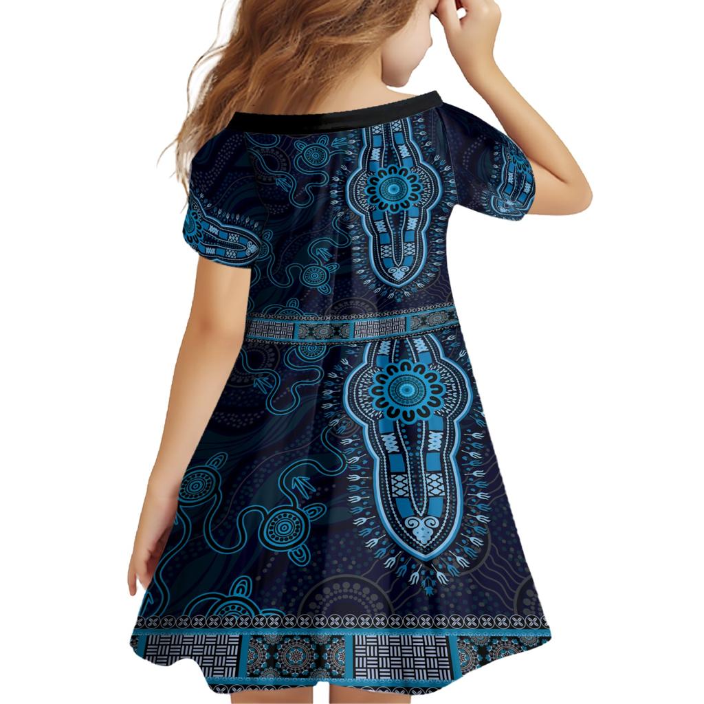 Blue African Dashiki With Australia Aboriginal Art Family Matching Short Sleeve Bodycon Dress and Hawaiian Shirt