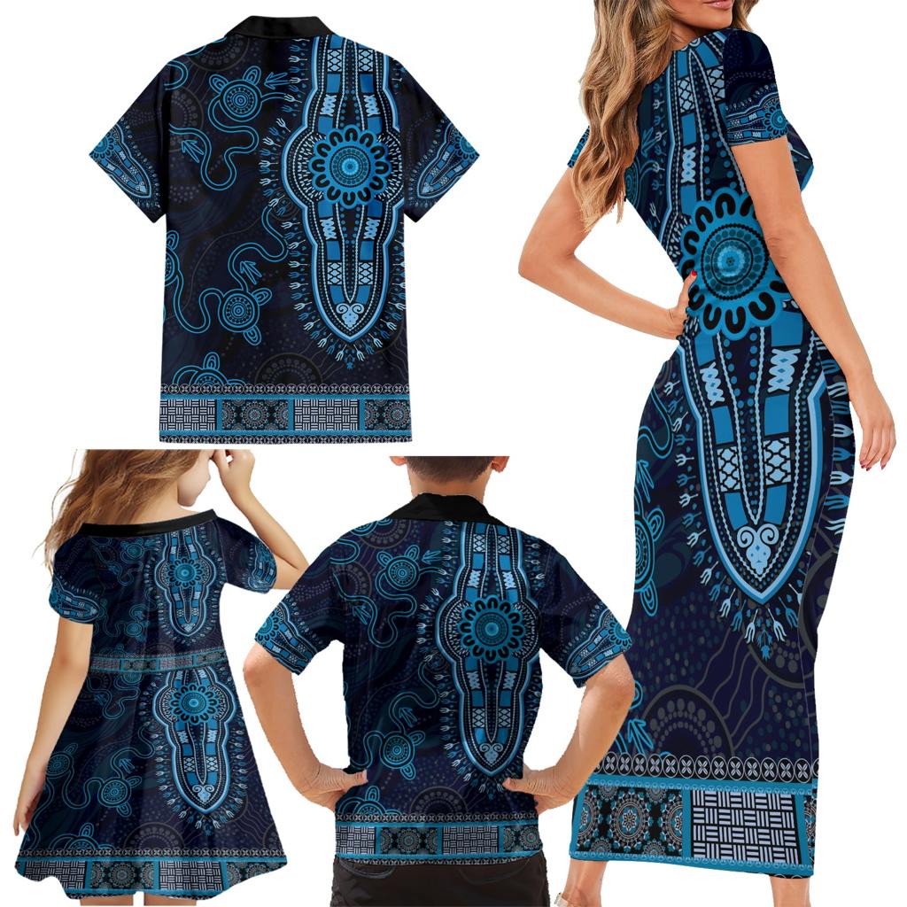 Blue African Dashiki With Australia Aboriginal Art Family Matching Short Sleeve Bodycon Dress and Hawaiian Shirt