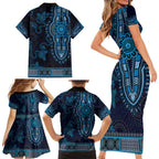 Blue African Dashiki With Australia Aboriginal Art Family Matching Short Sleeve Bodycon Dress and Hawaiian Shirt