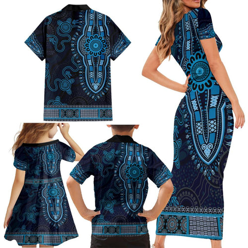 Blue African Dashiki With Australia Aboriginal Art Family Matching Short Sleeve Bodycon Dress and Hawaiian Shirt