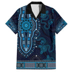 Blue African Dashiki With Australia Aboriginal Art Family Matching Short Sleeve Bodycon Dress and Hawaiian Shirt
