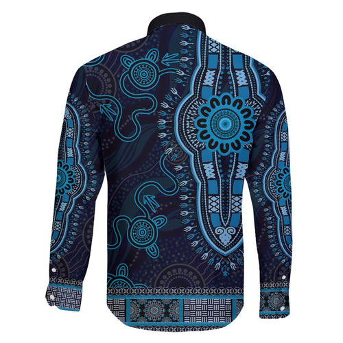 Blue African Dashiki With Australia Aboriginal Art Family Matching Short Sleeve Bodycon Dress and Hawaiian Shirt