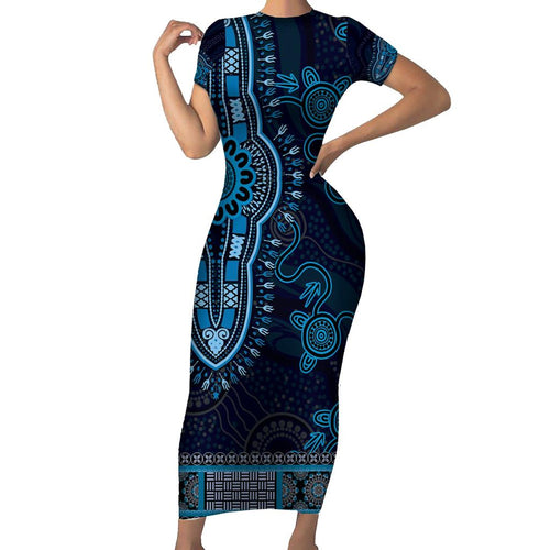 Blue African Dashiki With Australia Aboriginal Art Family Matching Short Sleeve Bodycon Dress and Hawaiian Shirt