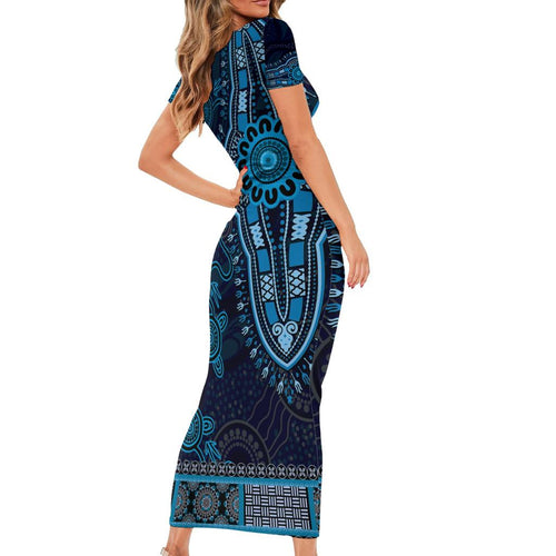 Blue African Dashiki With Australia Aboriginal Art Family Matching Short Sleeve Bodycon Dress and Hawaiian Shirt