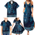 Blue African Dashiki With Australia Aboriginal Art Family Matching Summer Maxi Dress and Hawaiian Shirt