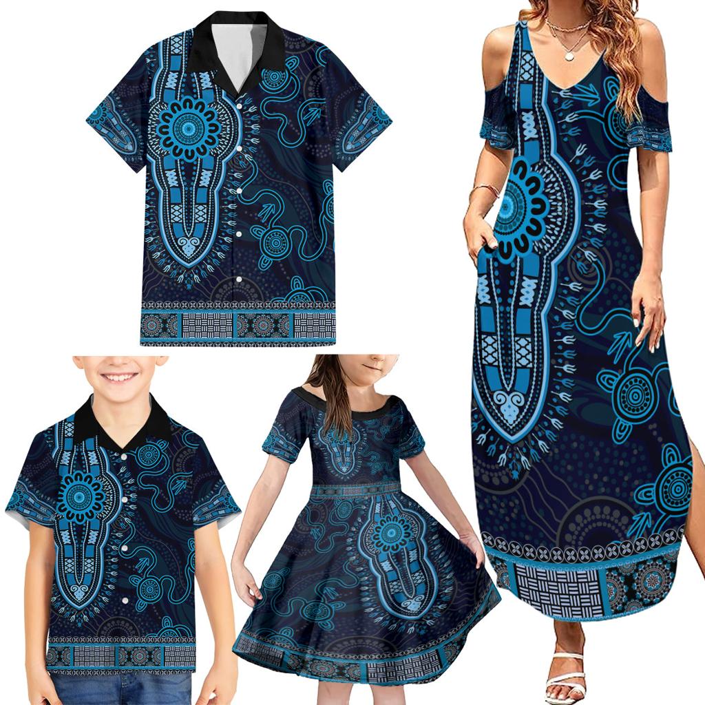 Blue African Dashiki With Australia Aboriginal Art Family Matching Summer Maxi Dress and Hawaiian Shirt
