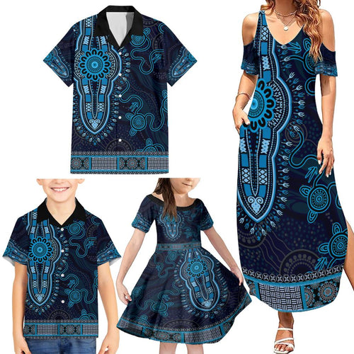 Blue African Dashiki With Australia Aboriginal Art Family Matching Summer Maxi Dress and Hawaiian Shirt