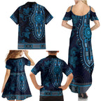 Blue African Dashiki With Australia Aboriginal Art Family Matching Summer Maxi Dress and Hawaiian Shirt