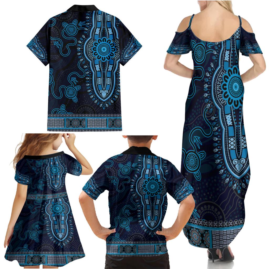 Blue African Dashiki With Australia Aboriginal Art Family Matching Summer Maxi Dress and Hawaiian Shirt