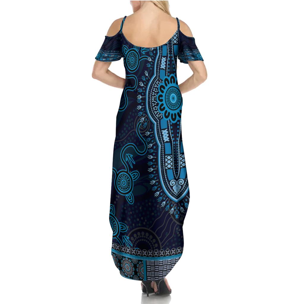 Blue African Dashiki With Australia Aboriginal Art Family Matching Summer Maxi Dress and Hawaiian Shirt