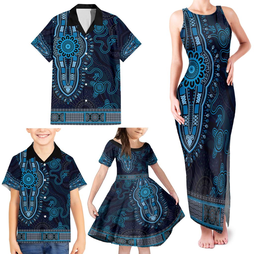 Blue African Dashiki With Australia Aboriginal Art Family Matching Tank Maxi Dress and Hawaiian Shirt