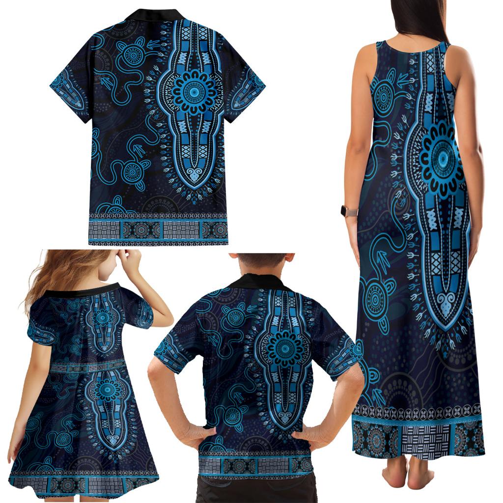 Blue African Dashiki With Australia Aboriginal Art Family Matching Tank Maxi Dress and Hawaiian Shirt