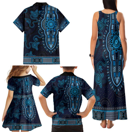 Blue African Dashiki With Australia Aboriginal Art Family Matching Tank Maxi Dress and Hawaiian Shirt