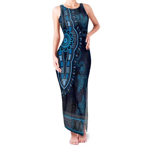 Blue African Dashiki With Australia Aboriginal Art Family Matching Tank Maxi Dress and Hawaiian Shirt