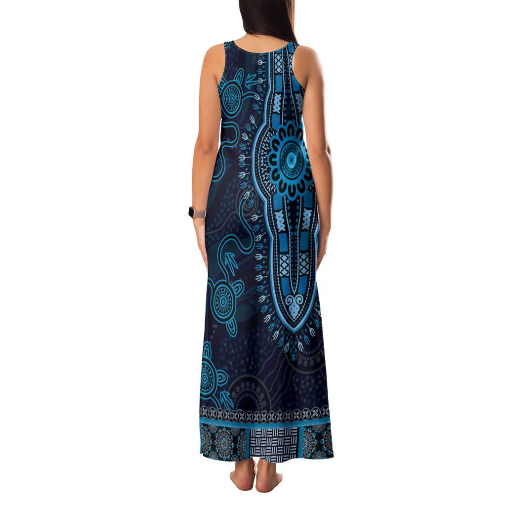Blue African Dashiki With Australia Aboriginal Art Family Matching Tank Maxi Dress and Hawaiian Shirt