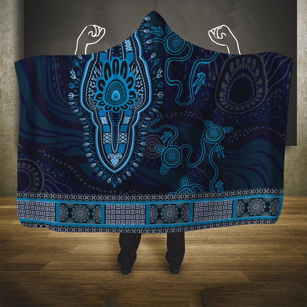 Blue African Dashiki With Australia Aboriginal Art Hooded Blanket